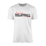 custom volleyball mascot and volleyball player name on a mens t-shirt with a black graphic