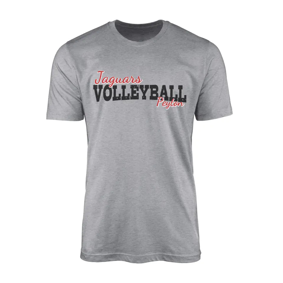 custom volleyball mascot and volleyball player name on a mens t-shirt with a black graphic