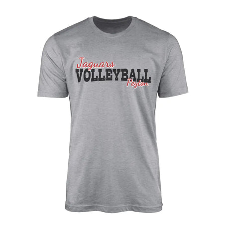 custom volleyball mascot and volleyball player name on a mens t-shirt with a black graphic