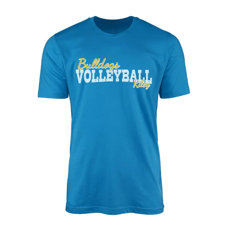 custom volleyball mascot and volleyball player name on a mens t-shirt with a white graphic