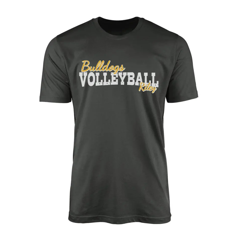 custom volleyball mascot and volleyball player name on a mens t-shirt with a white graphic