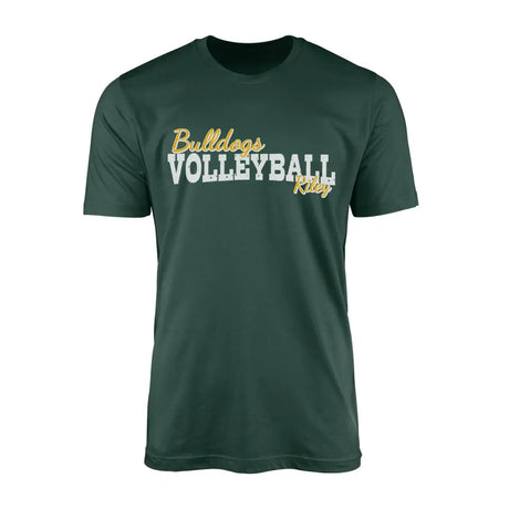 custom volleyball mascot and volleyball player name on a mens t-shirt with a white graphic