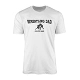 wrestling dad with wrestler icon and wrestler name on a mens t-shirt with a black graphic