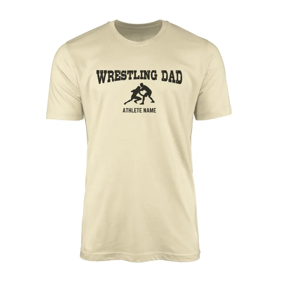 wrestling dad with wrestler icon and wrestler name on a mens t-shirt with a black graphic