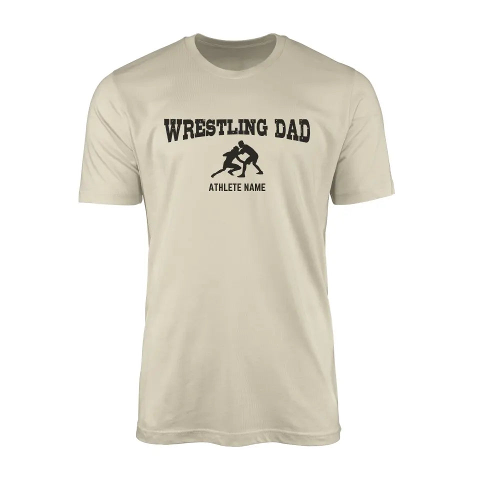 wrestling dad with wrestler icon and wrestler name on a mens t-shirt with a black graphic