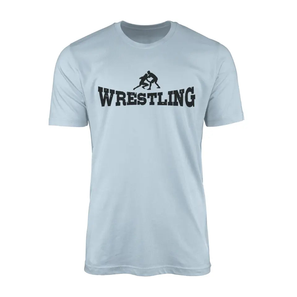 basic wrestling with wrestler icon on a mens t-shirt with a black graphic