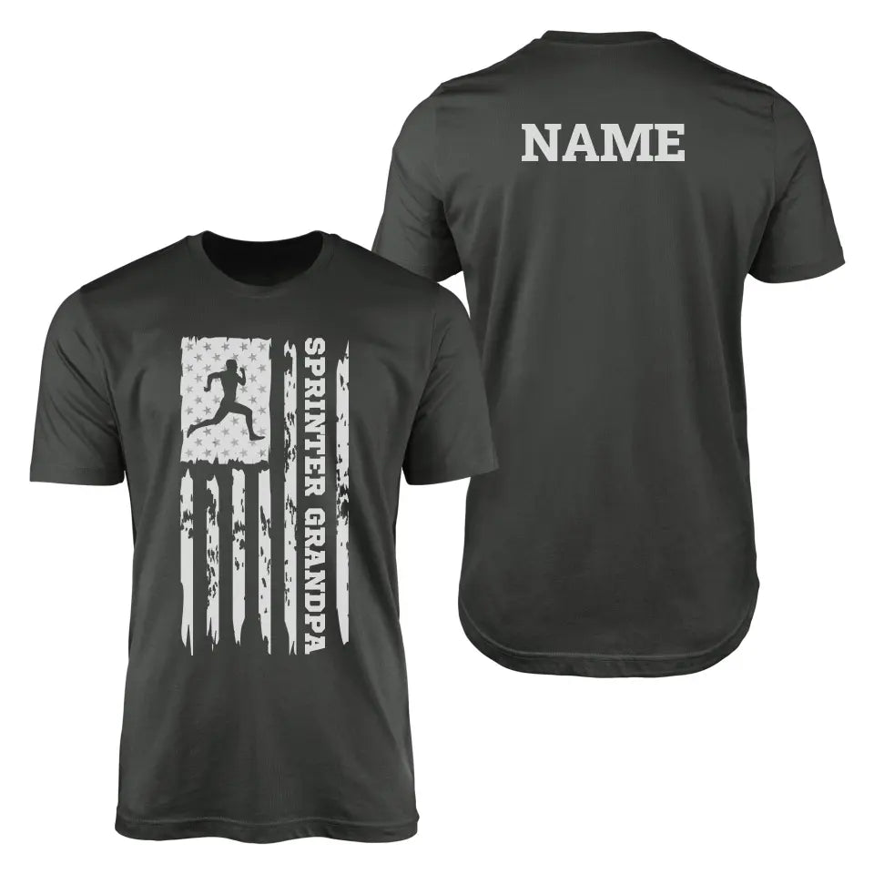 sprint grandpa vertical flag with sprinter name on a mens t-shirt with a white graphic