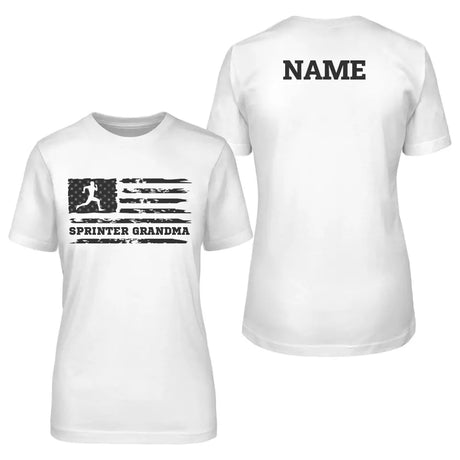 sprint grandma horizontal flag with sprinter name on a unisex t-shirt with a black graphic