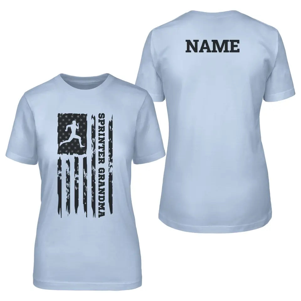 sprint grandma vertical flag with sprinter name on a unisex t-shirt with a black graphic