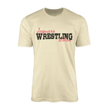 custom wrestling mascot and wrestler name on a mens t-shirt with a black graphic