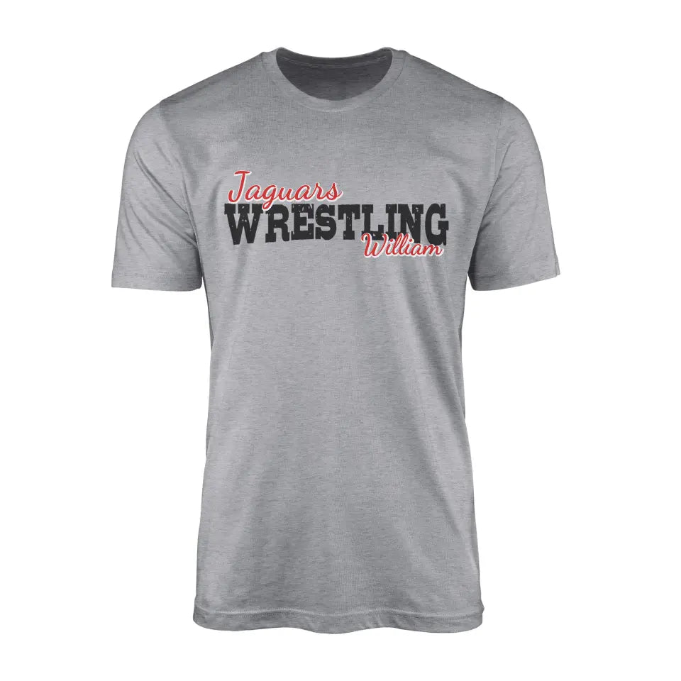 custom wrestling mascot and wrestler name on a mens t-shirt with a black graphic