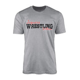 custom wrestling mascot and wrestler name on a mens t-shirt with a black graphic