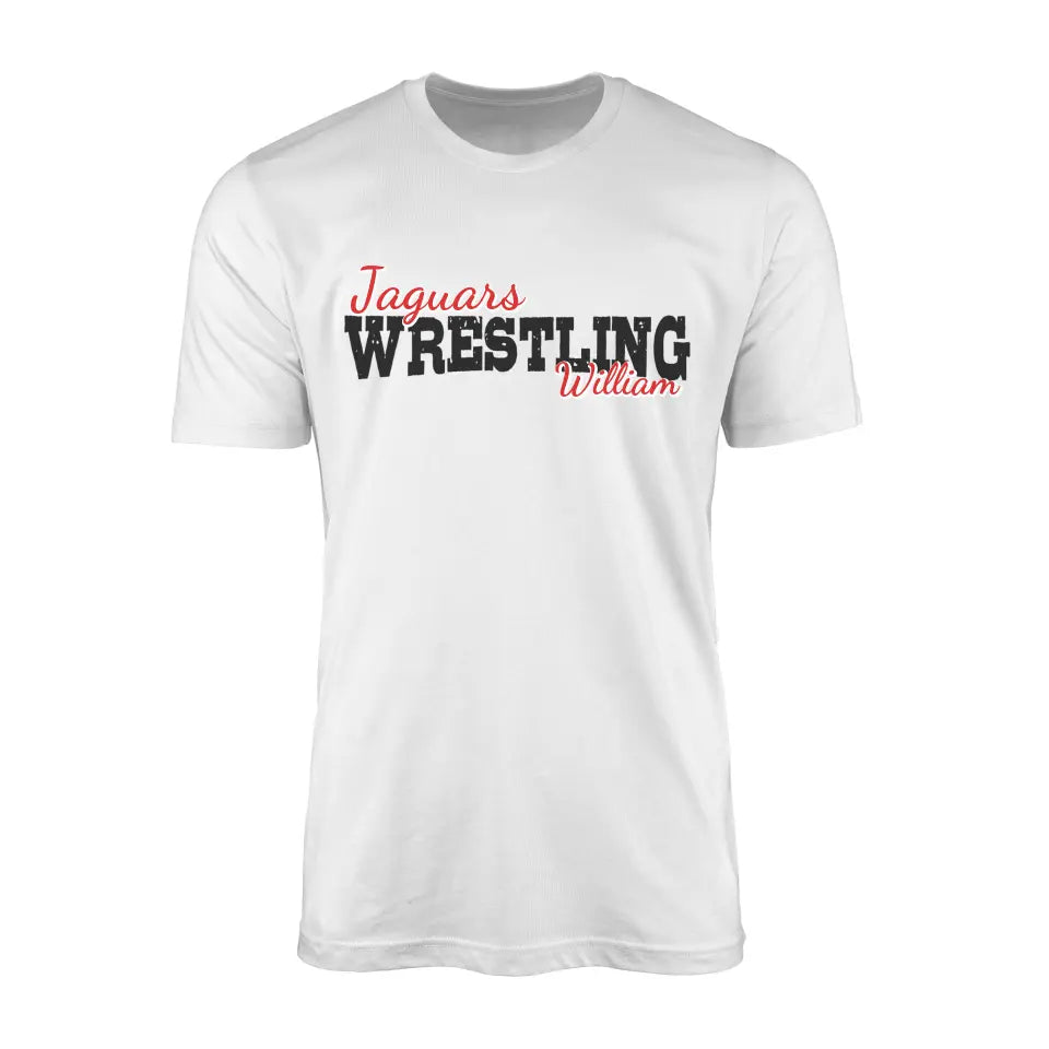 custom wrestling mascot and wrestler name on a mens t-shirt with a black graphic