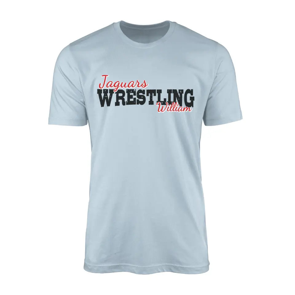 custom wrestling mascot and wrestler name on a mens t-shirt with a black graphic