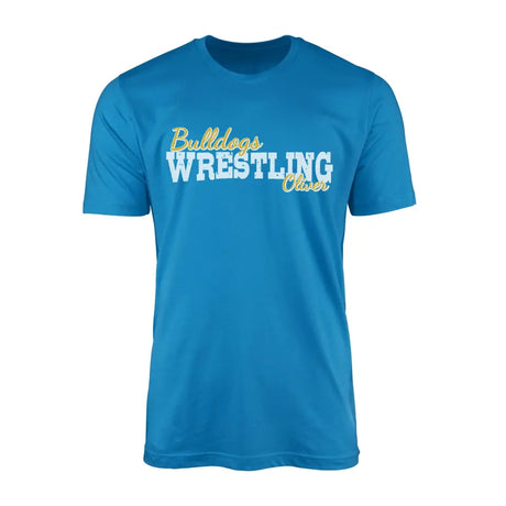 custom wrestling mascot and wrestler name on a mens t-shirt with a white graphic