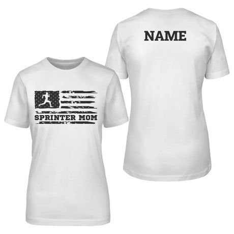 sprint mom horizontal flag with sprinter name on a unisex t-shirt with a black graphic