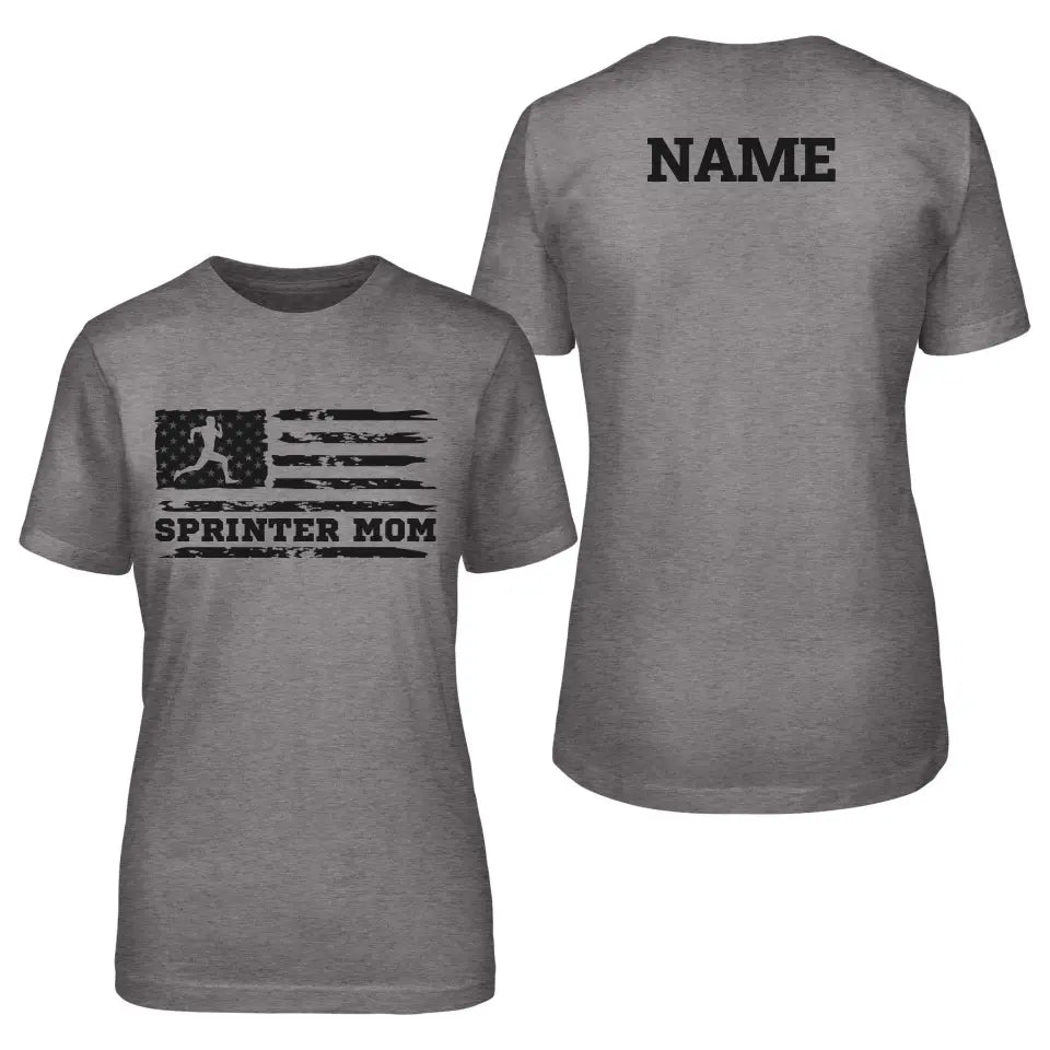 sprint mom horizontal flag with sprinter name on a unisex t-shirt with a black graphic