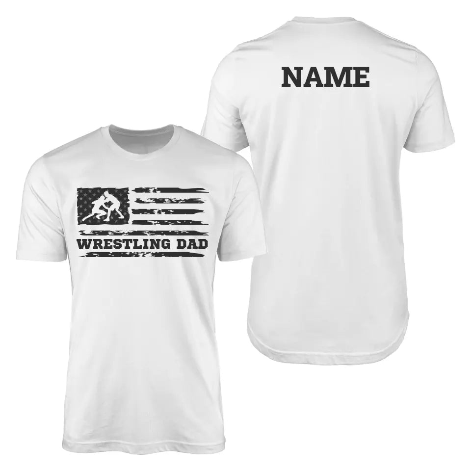 wrestling dad horizontal flag with wrestler name on a mens t-shirt with a black graphic