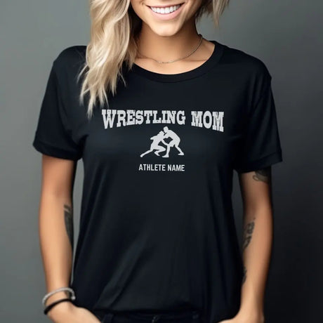 wrestling mom with wrestler icon and wrestler name on a unisex t-shirt with a white graphic