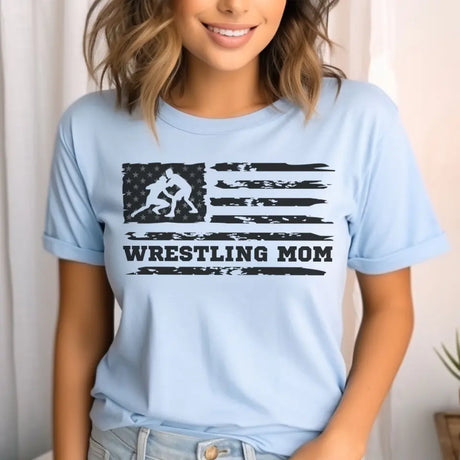 wrestling mom horizontal flag on a unisex t-shirt with a black graphic