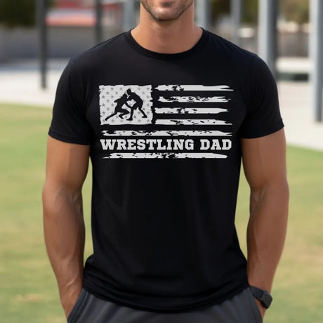 wrestling dad horizontal flag on a mens t-shirt with a white graphic