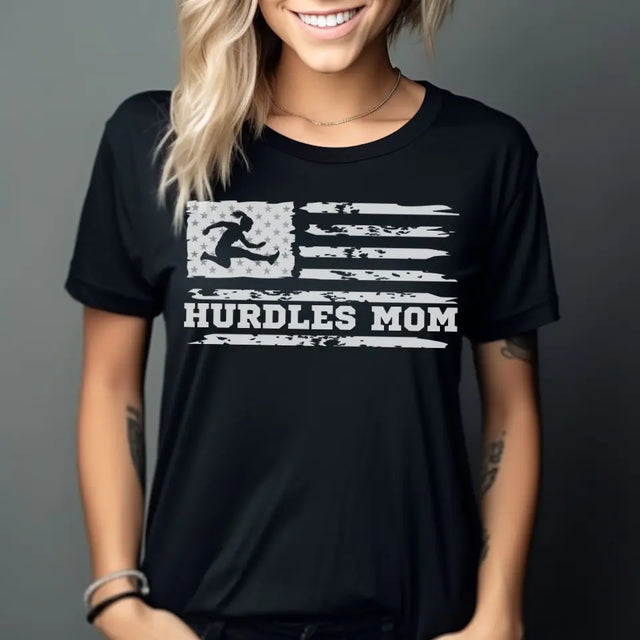 hurdles mom horizontal flag on a unisex t-shirt with a white graphic