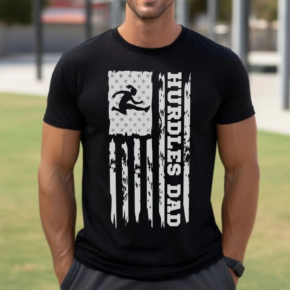 hurdles dad vertical flag on a mens t-shirt with a white graphic