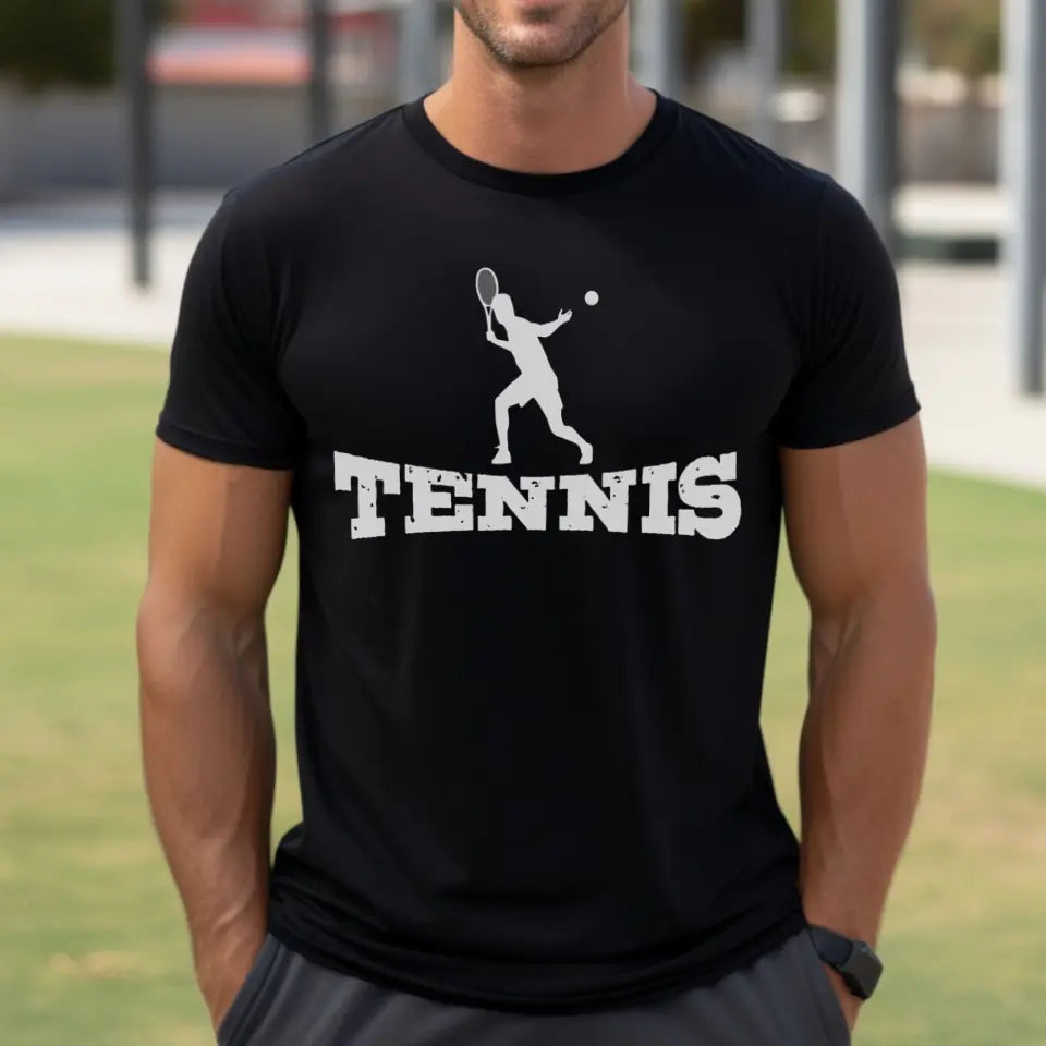 basic tennis with tennis player icon on a mens t-shirt with a white graphic