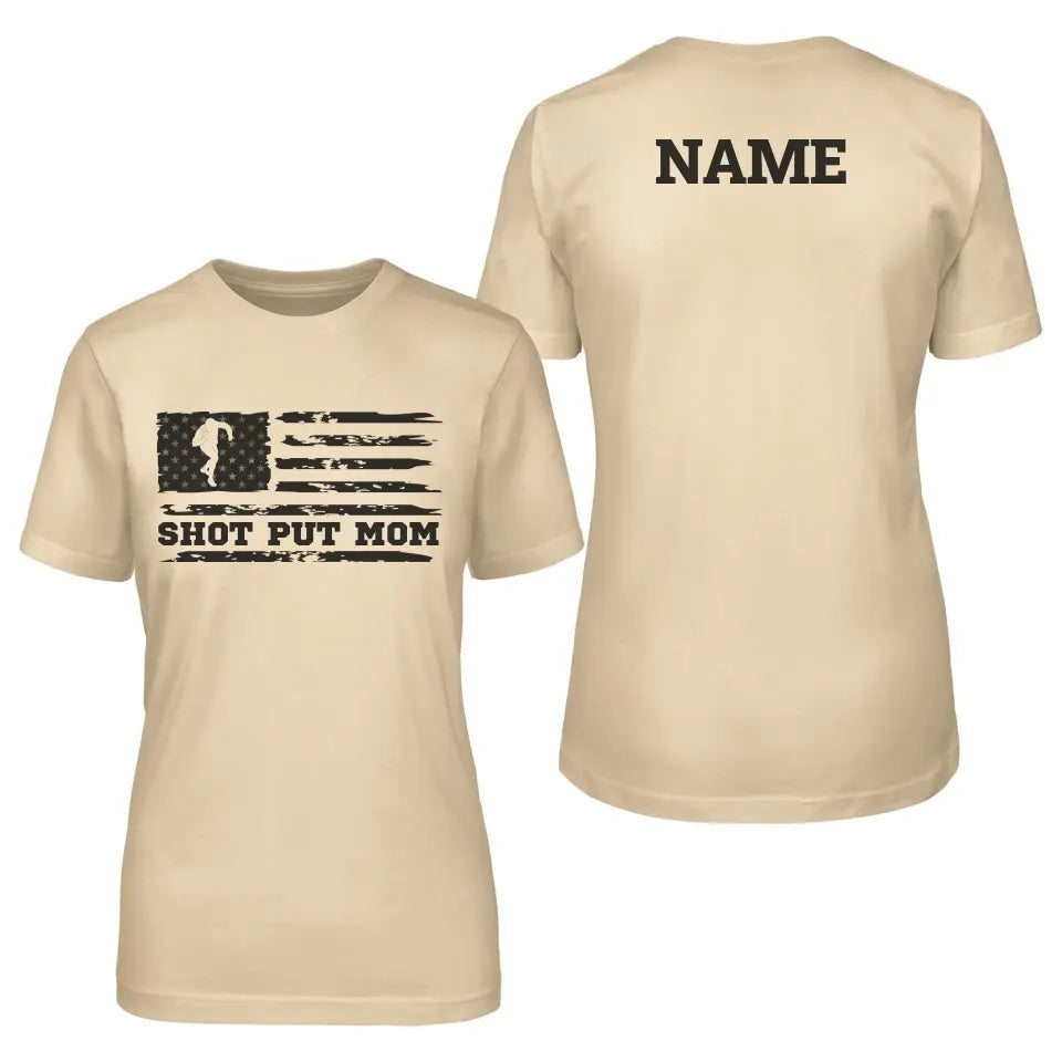 shot put mom horizontal flag with shot putter name on a unisex t-shirt with a black graphic