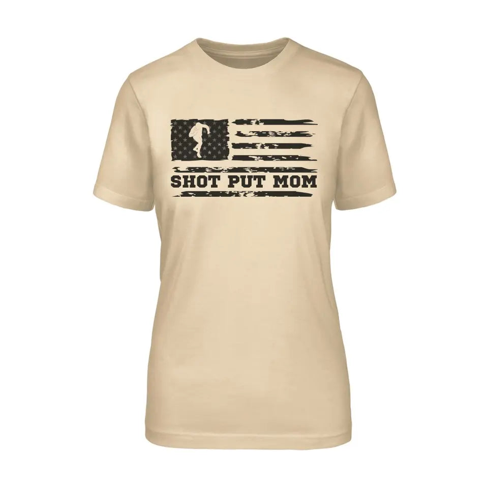 shot put mom horizontal flag on a unisex t-shirt with a black graphic