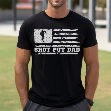 shot put dad horizontal flag on a mens t-shirt with a white graphic