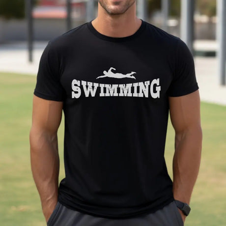 basic swimming with swimmer icon on a mens t-shirt with a white graphic