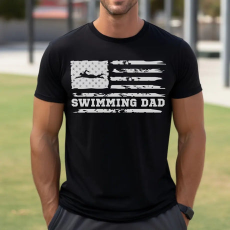 swimming dad horizontal flag on a mens t-shirt with a white graphic