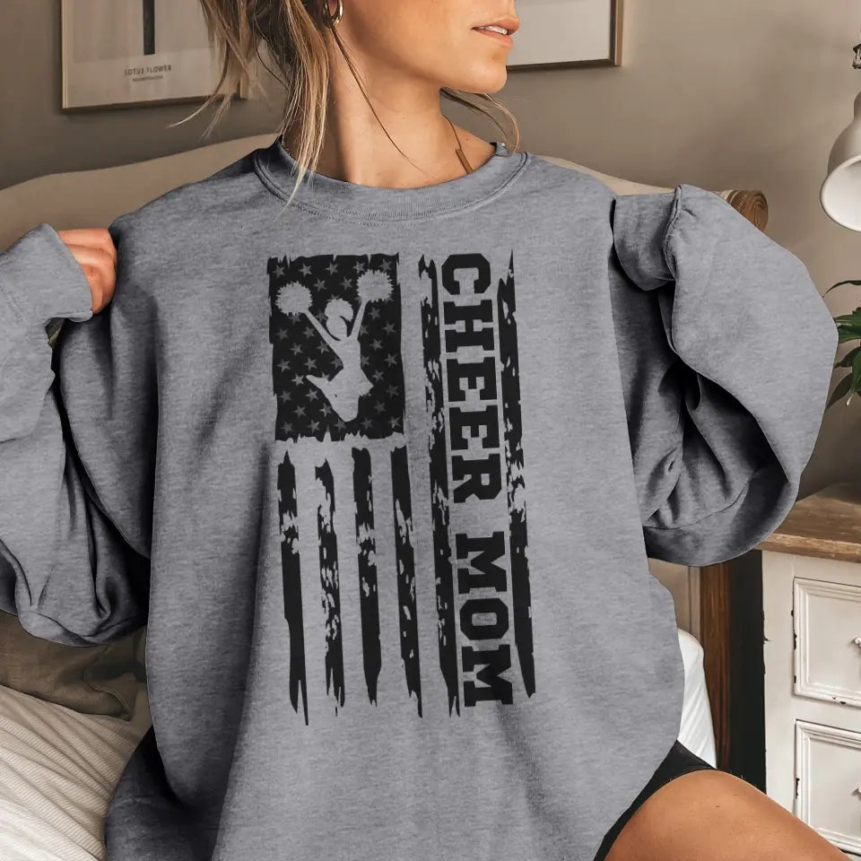 cheer mom vertical flag on a sweatshirt with a black graphic