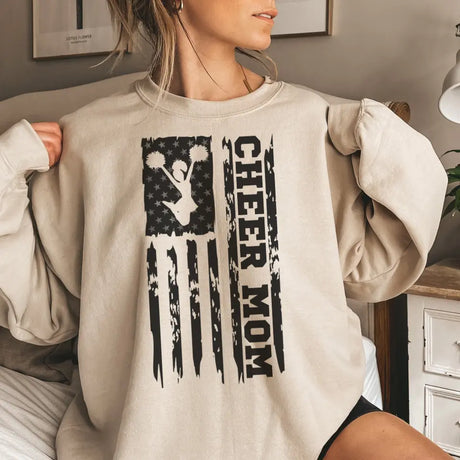 cheer mom vertical flag on a sweatshirt with a black graphic