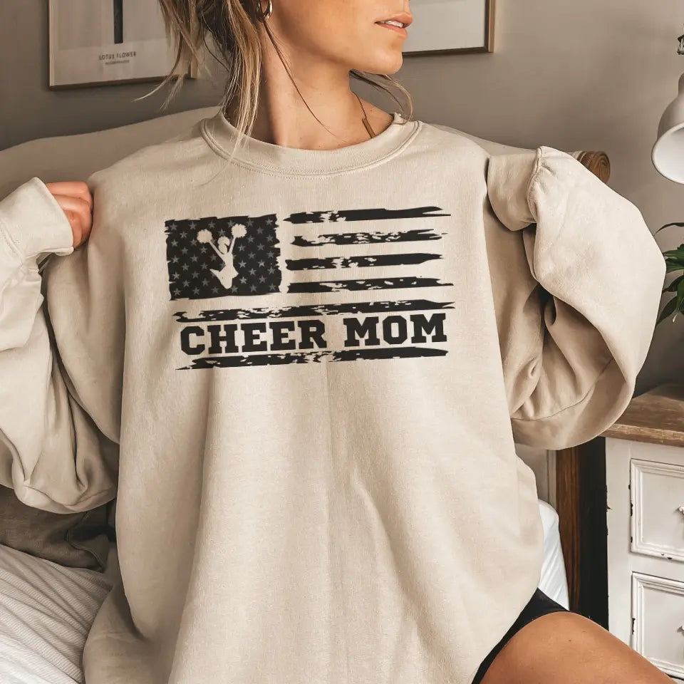 cheer mom horizontal flag on a sweatshirt with a black graphic