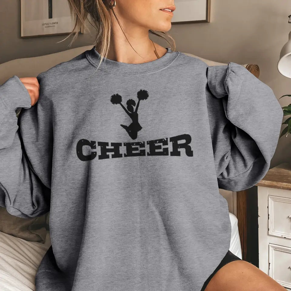 basic cheer with cheerleader icon on a sweatshirt with a black graphic