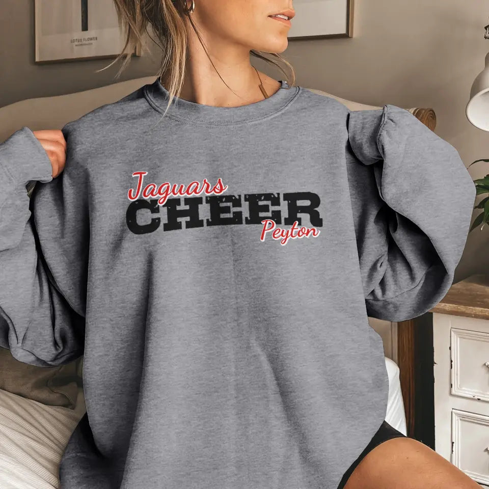 custom cheer mascot and cheerleader name on a sweatshirt with a black graphic