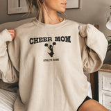 cheer mom with cheerleader icon and cheerleader name on a sweatshirt with a black graphic