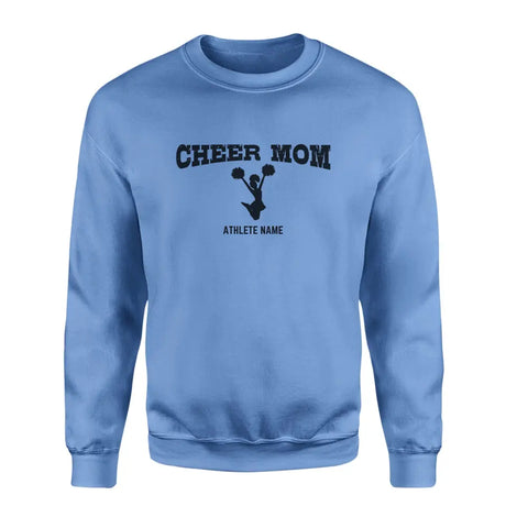 cheer mom with cheerleader icon and cheerleader name on a sweatshirt with a black graphic