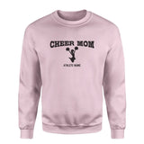 cheer mom with cheerleader icon and cheerleader name on a sweatshirt with a black graphic