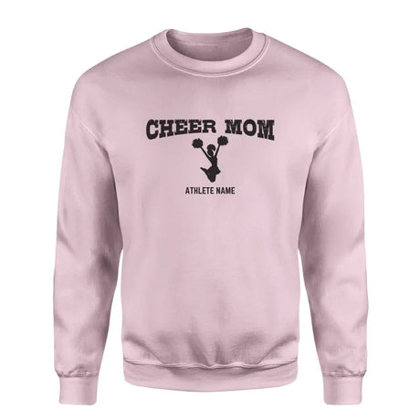 cheer mom with cheerleader icon and cheerleader name on a sweatshirt with a black graphic