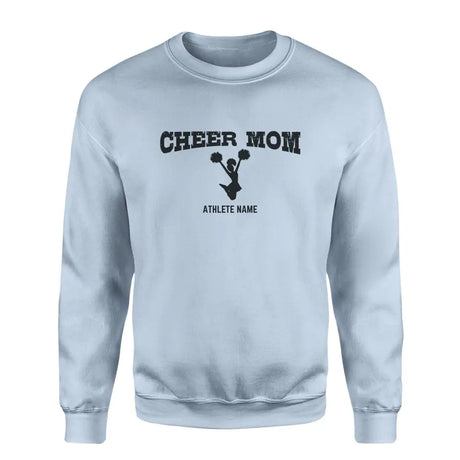 cheer mom with cheerleader icon and cheerleader name on a sweatshirt with a black graphic