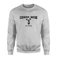 cheer mom with cheerleader icon and cheerleader name on a sweatshirt with a black graphic