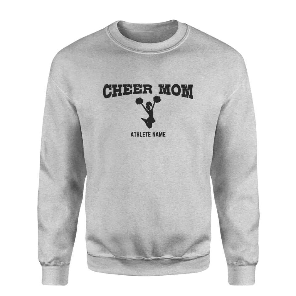 cheer mom with cheerleader icon and cheerleader name on a sweatshirt with a black graphic