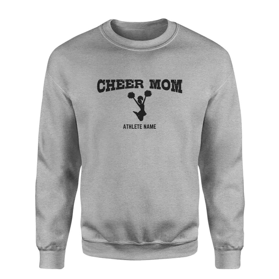 cheer mom with cheerleader icon and cheerleader name on a sweatshirt with a black graphic