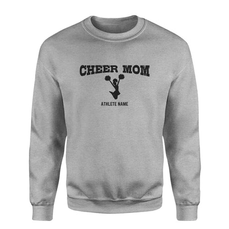 cheer mom with cheerleader icon and cheerleader name on a sweatshirt with a black graphic