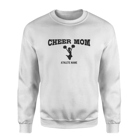 cheer mom with cheerleader icon and cheerleader name on a sweatshirt with a black graphic