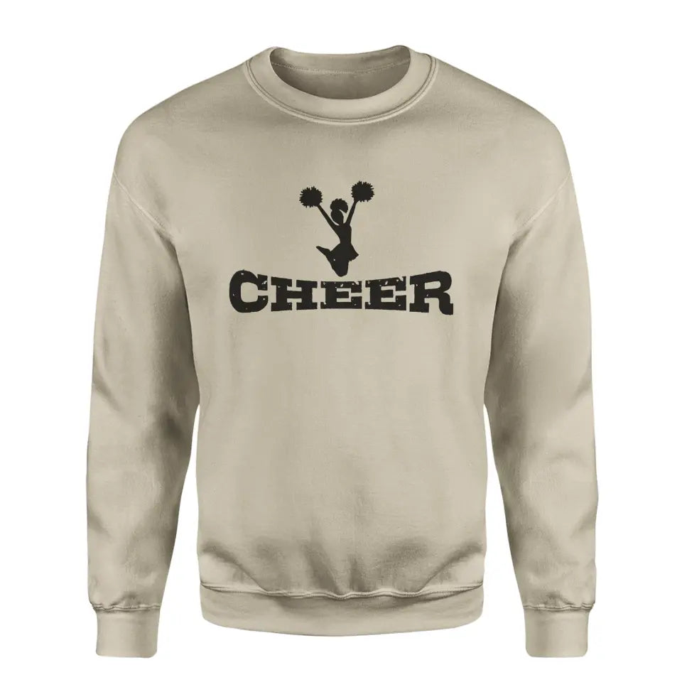 basic cheer with cheerleader icon on a sweatshirt with a black graphic