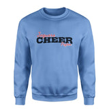 custom cheer mascot and cheerleader name on a sweatshirt with a black graphic